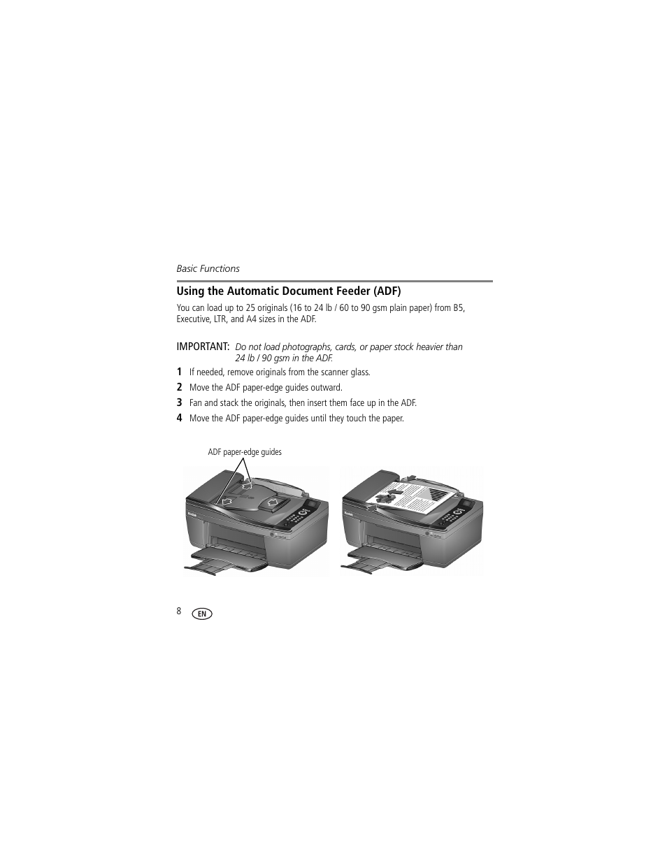 Using the automatic document feeder (adf) | Kodak HERO 2.2 User Manual | Page 8 / 17