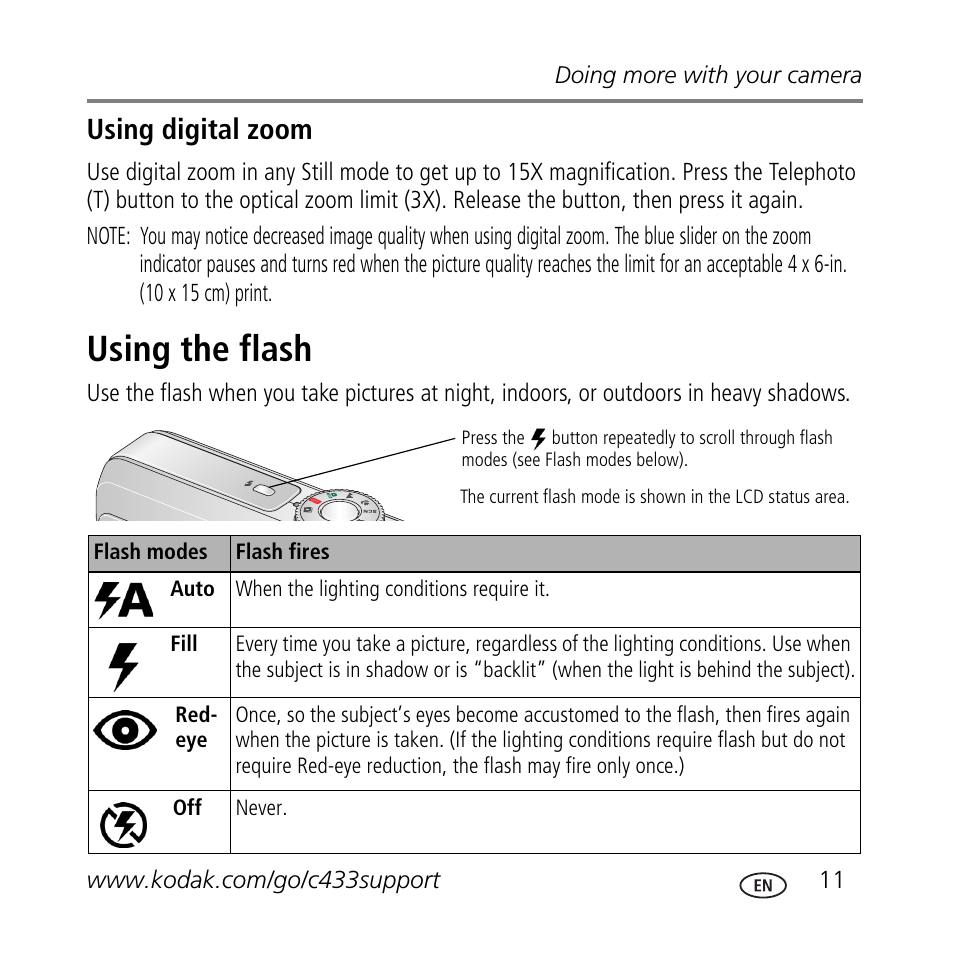 Using the flash, Using digital zoom | Kodak C433 User Manual | Page 11 / 28