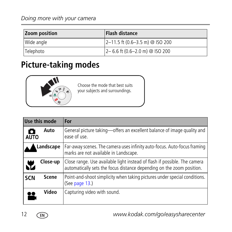 Picture-taking modes | Kodak C433 User Manual | Page 12 / 28