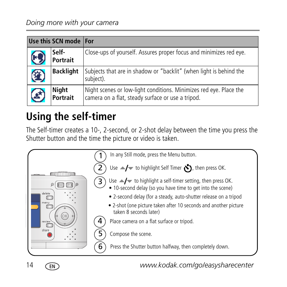 Using the self-timer | Kodak C433 User Manual | Page 14 / 28