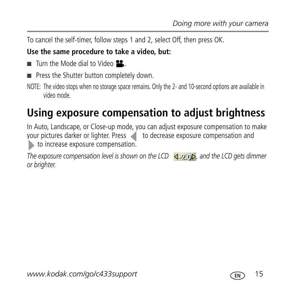 Using exposure compensation to adjust brightness | Kodak C433 User Manual | Page 15 / 28