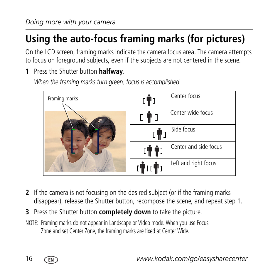 Using the auto-focus framing marks (for pictures) | Kodak C433 User Manual | Page 16 / 28