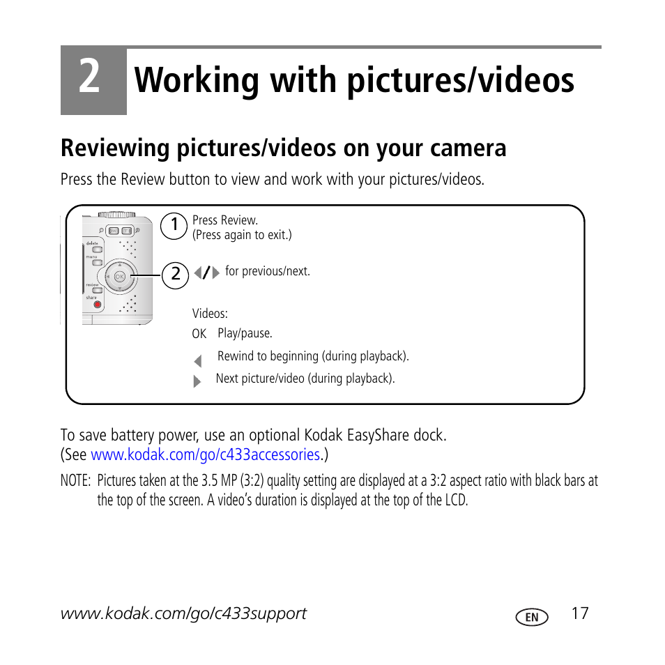 Working with pictures/videos, Reviewing pictures/videos on your camera | Kodak C433 User Manual | Page 17 / 28