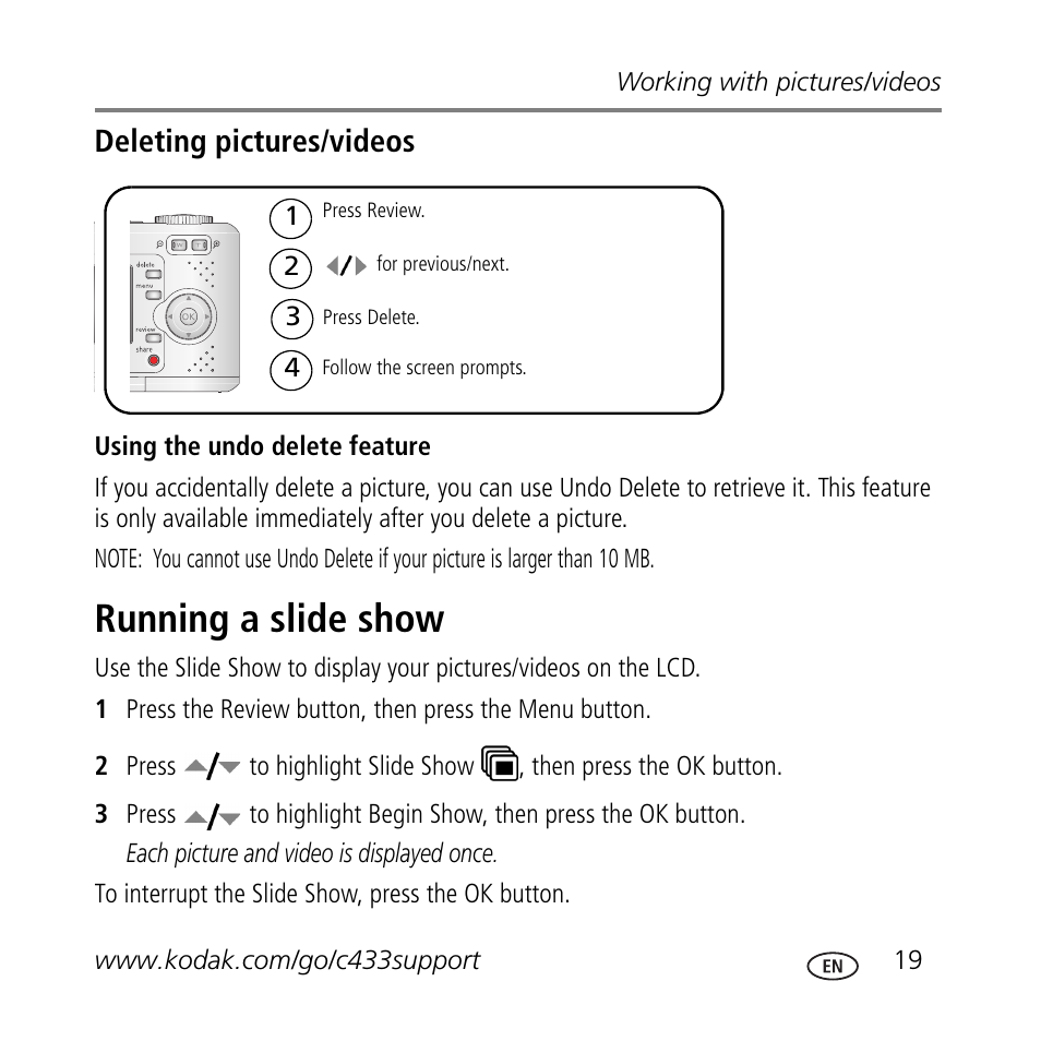 Running a slide show, Deleting pictures/videos | Kodak C433 User Manual | Page 19 / 28