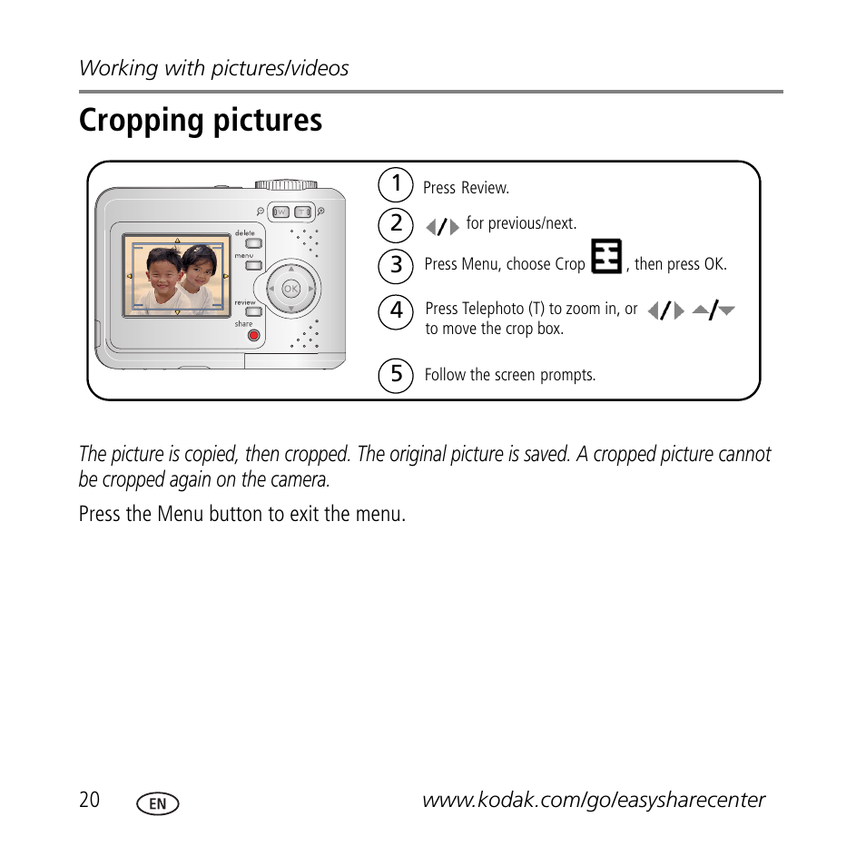 Cropping pictures | Kodak C433 User Manual | Page 20 / 28