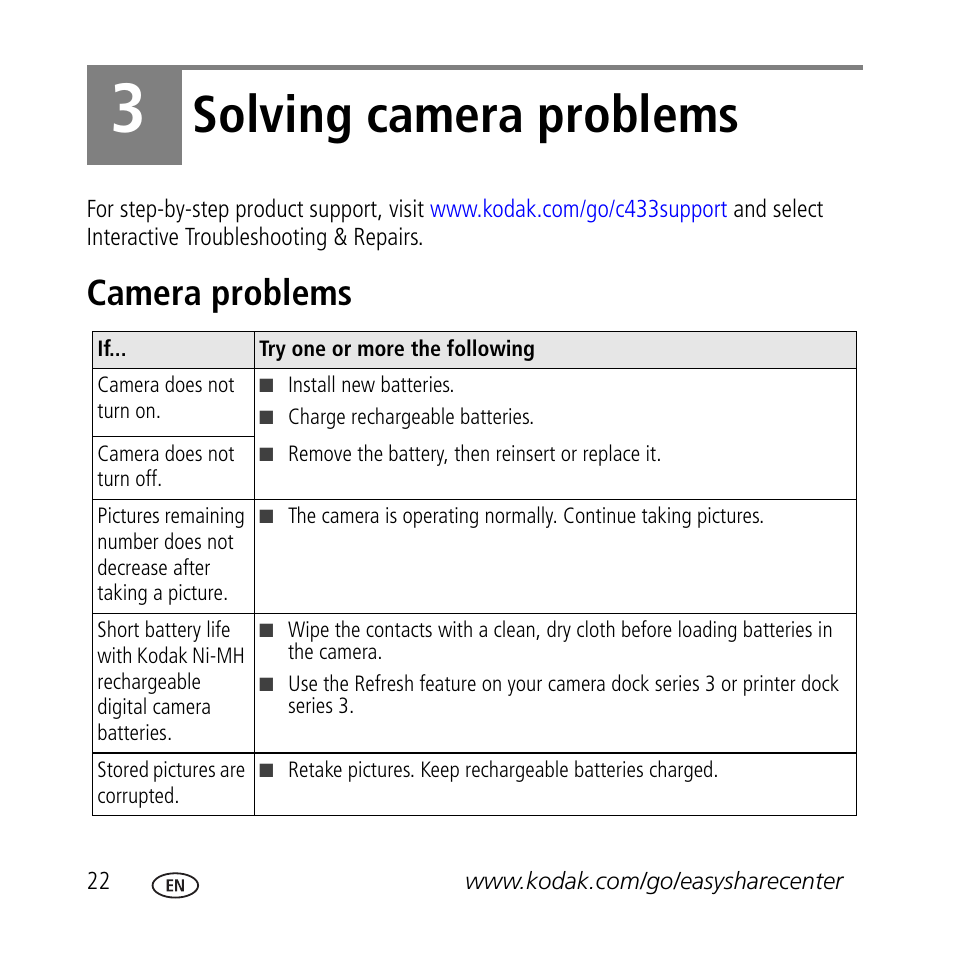 Solving camera problems, Camera problems | Kodak C433 User Manual | Page 22 / 28