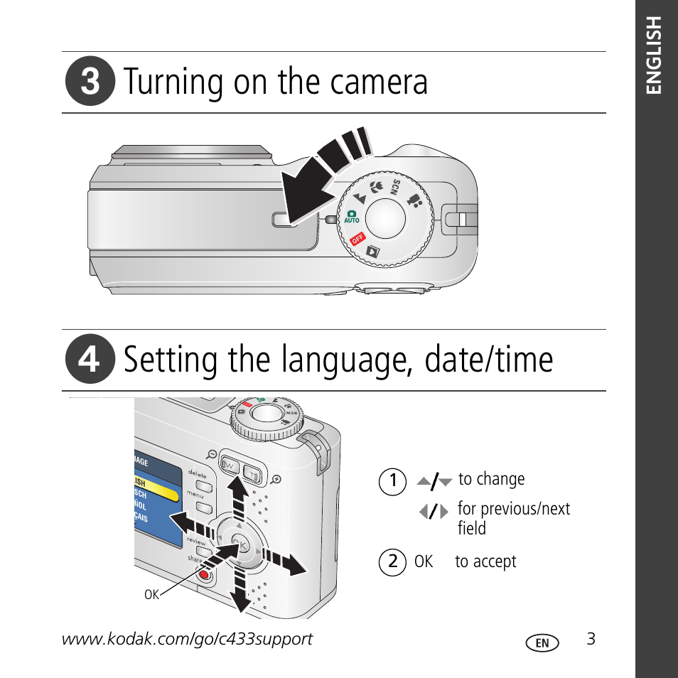 Turning on the camera, Setting the language, date/time | Kodak C433 User Manual | Page 3 / 28