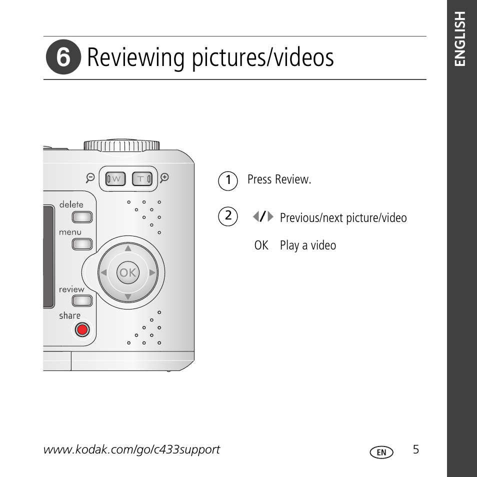 Reviewing pictures/videos | Kodak C433 User Manual | Page 5 / 28