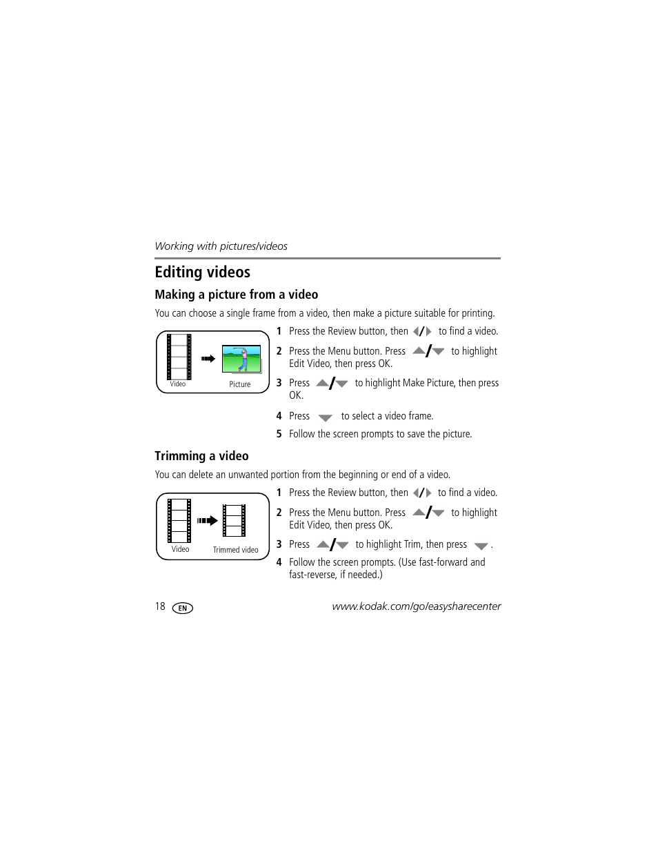 Editing videos | Kodak M753 User Manual | Page 18 / 27