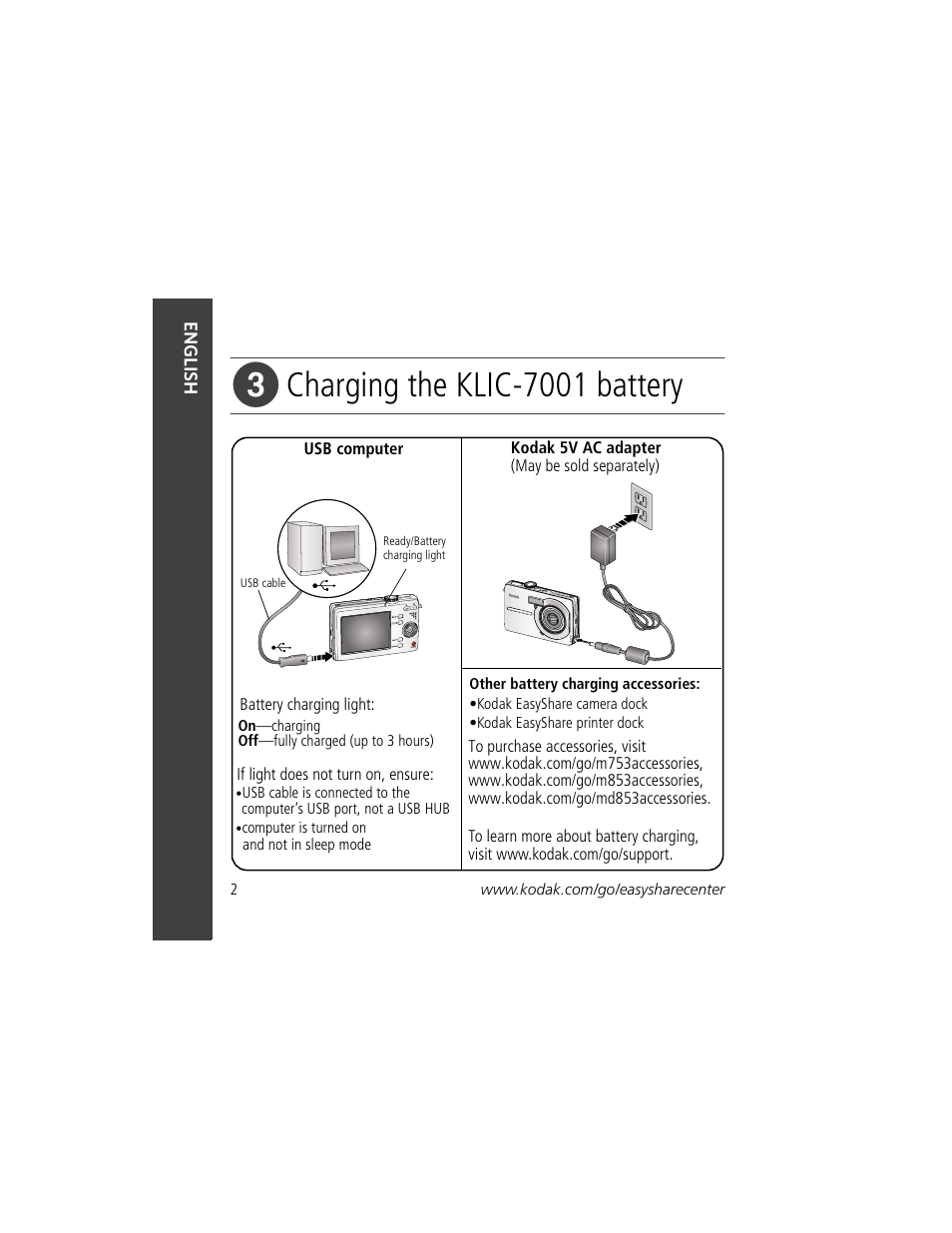 Charging the klic-7001 battery | Kodak M753 User Manual | Page 2 / 27