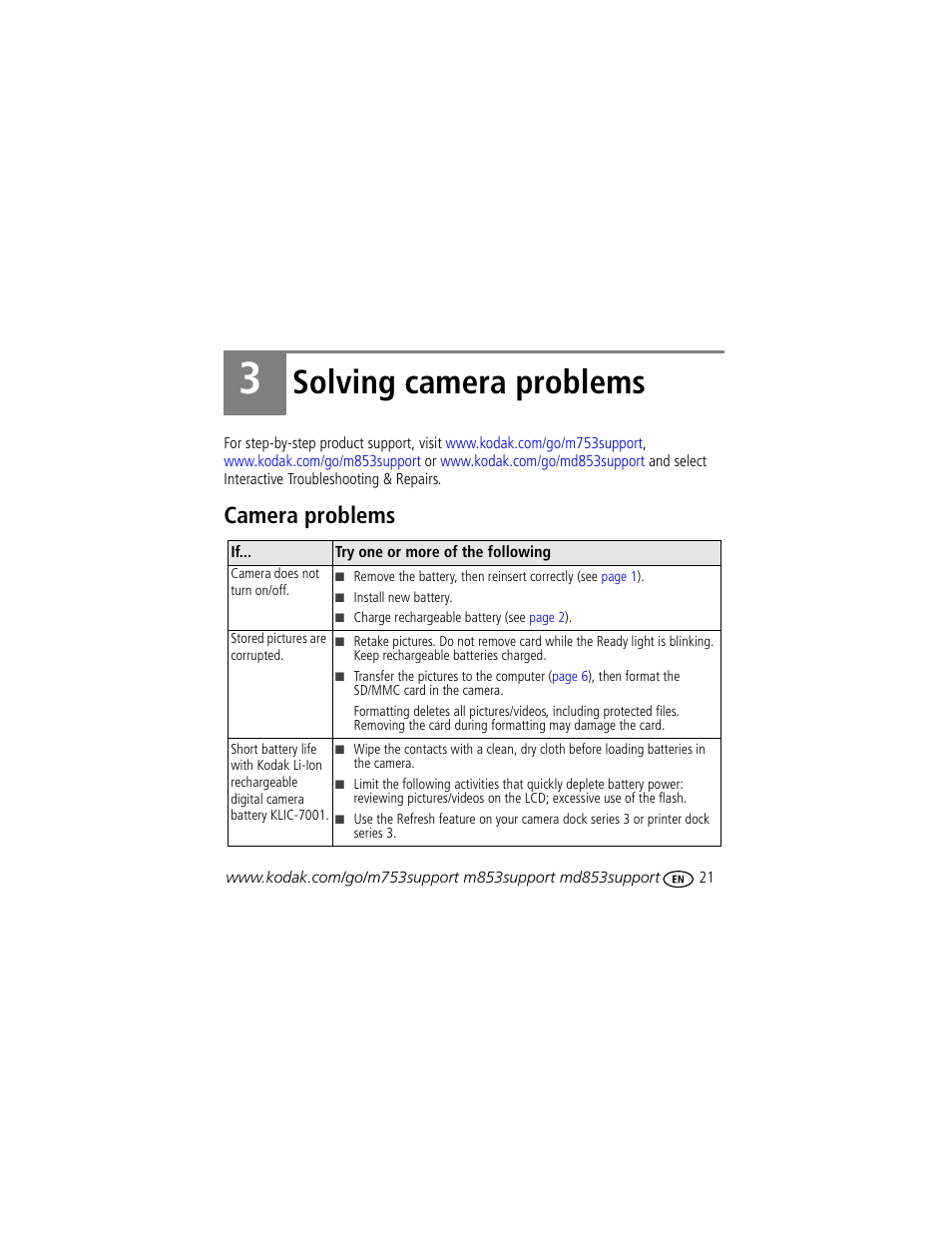 Solving camera problems, Camera problems | Kodak M753 User Manual | Page 21 / 27