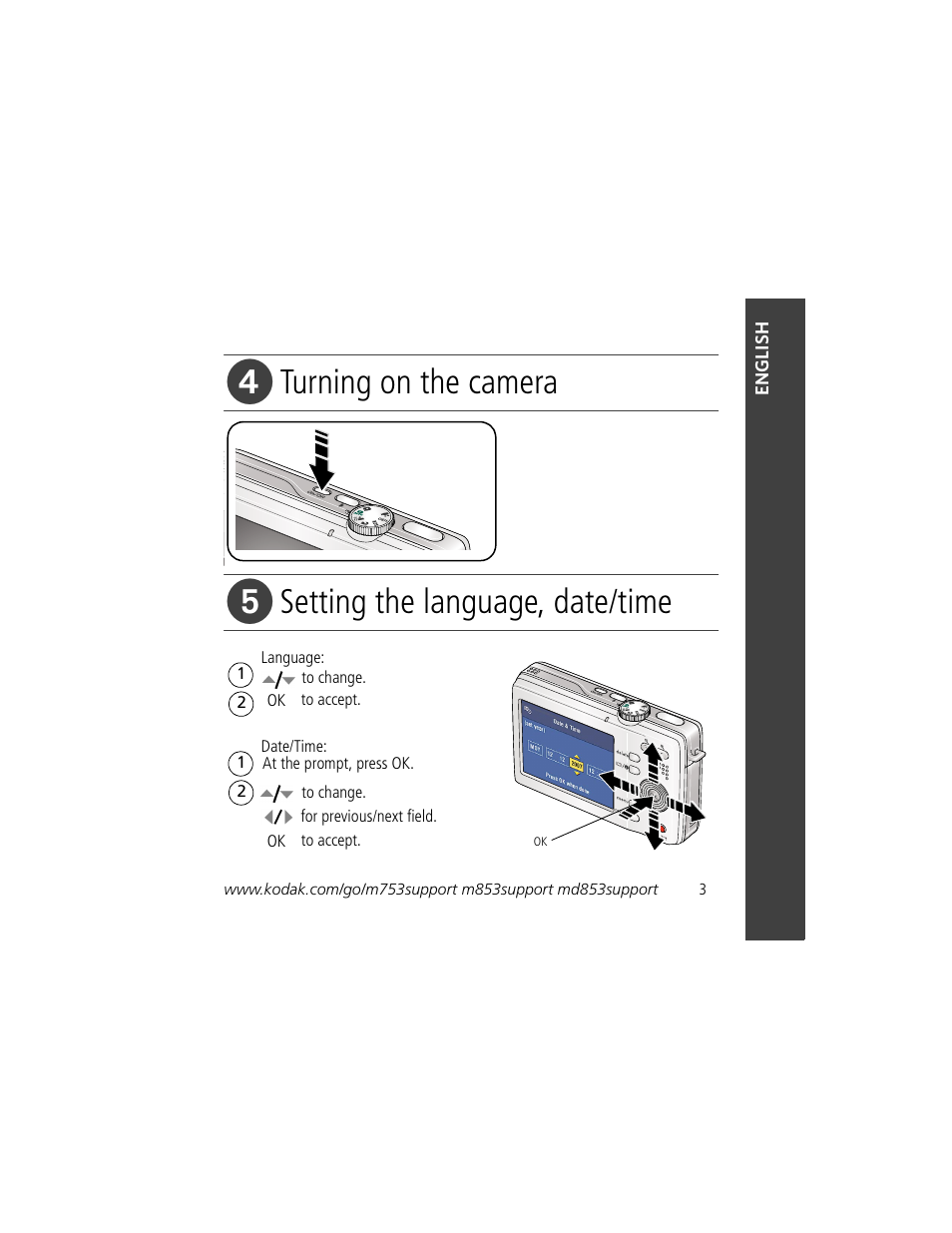 Turning on the camera, Setting the language, date/time | Kodak M753 User Manual | Page 3 / 27