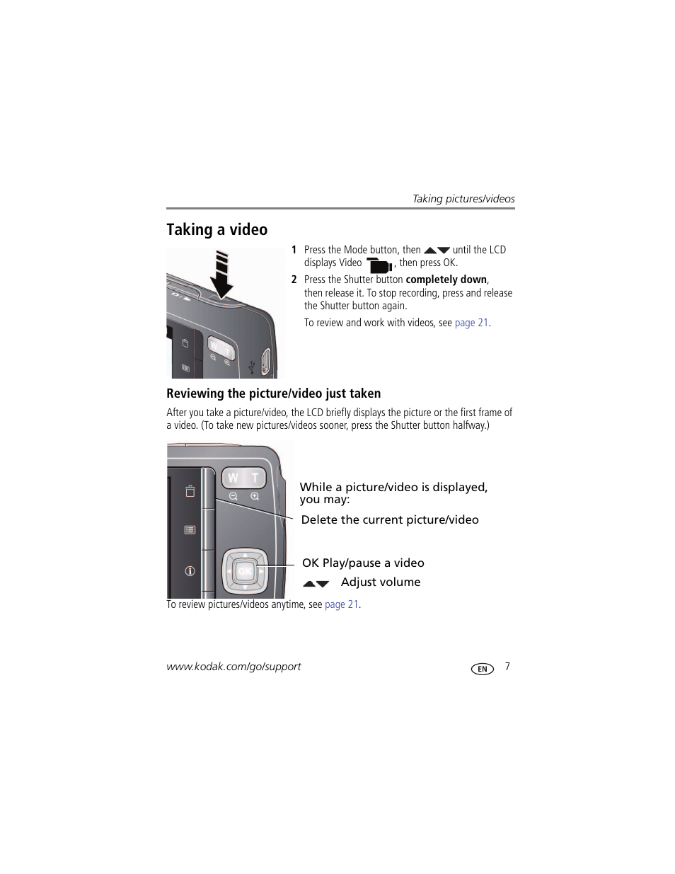 Taking a video, Reviewing the picture/video just taken | Kodak M530 User Manual | Page 13 / 67