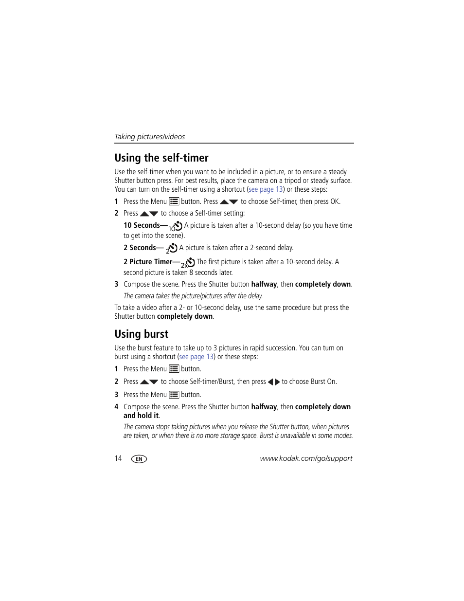 Using the self-timer, Using burst, Using the self-timer using burst | Kodak M530 User Manual | Page 20 / 67