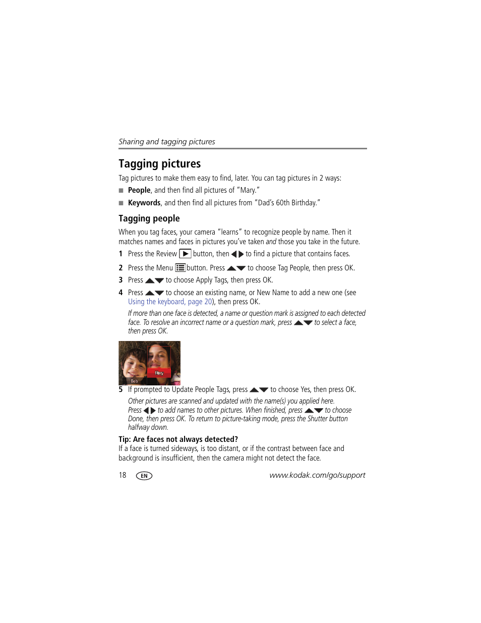 Tagging pictures, Tagging people | Kodak M530 User Manual | Page 24 / 67
