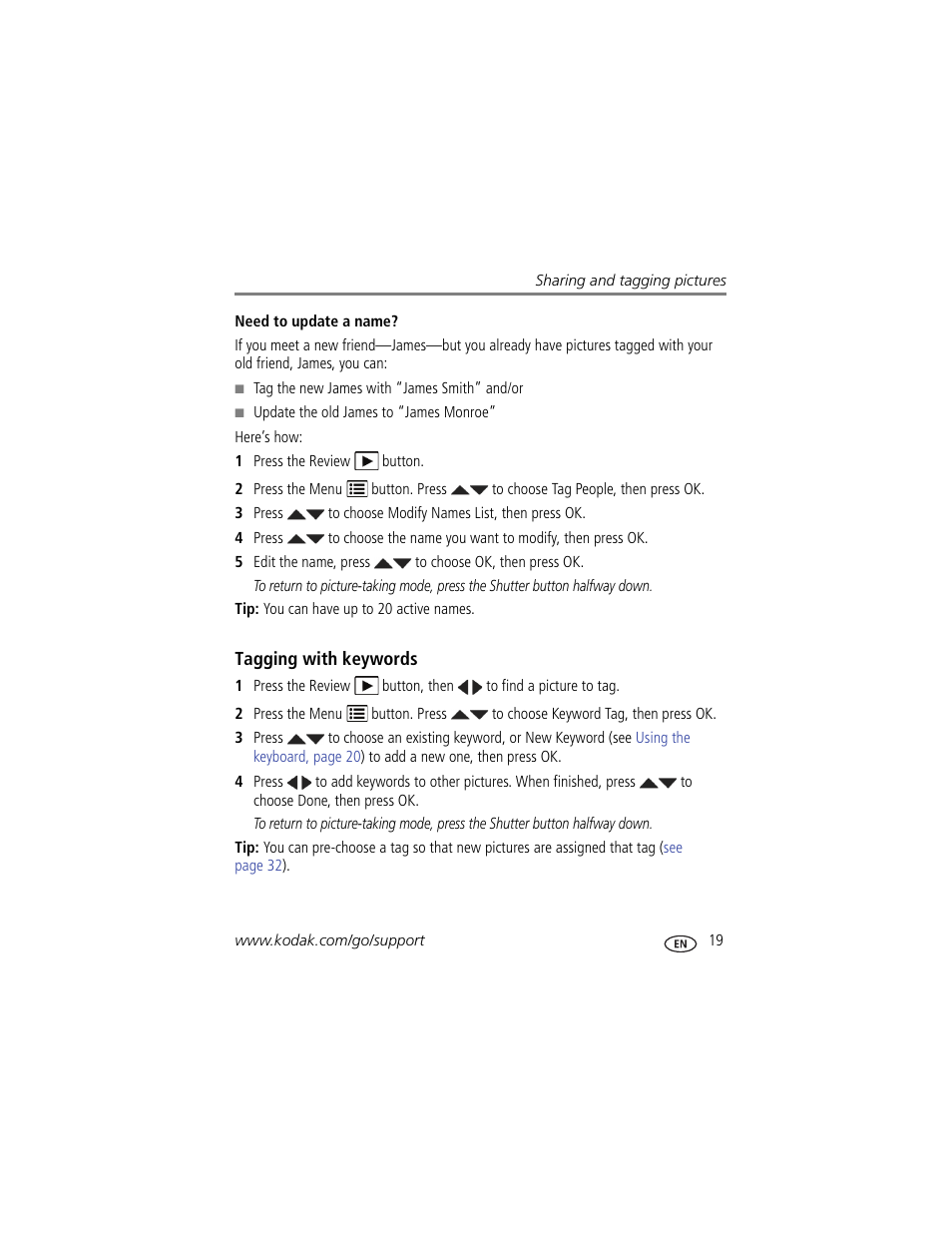 Need to update a name, Tagging with keywords | Kodak M530 User Manual | Page 25 / 67