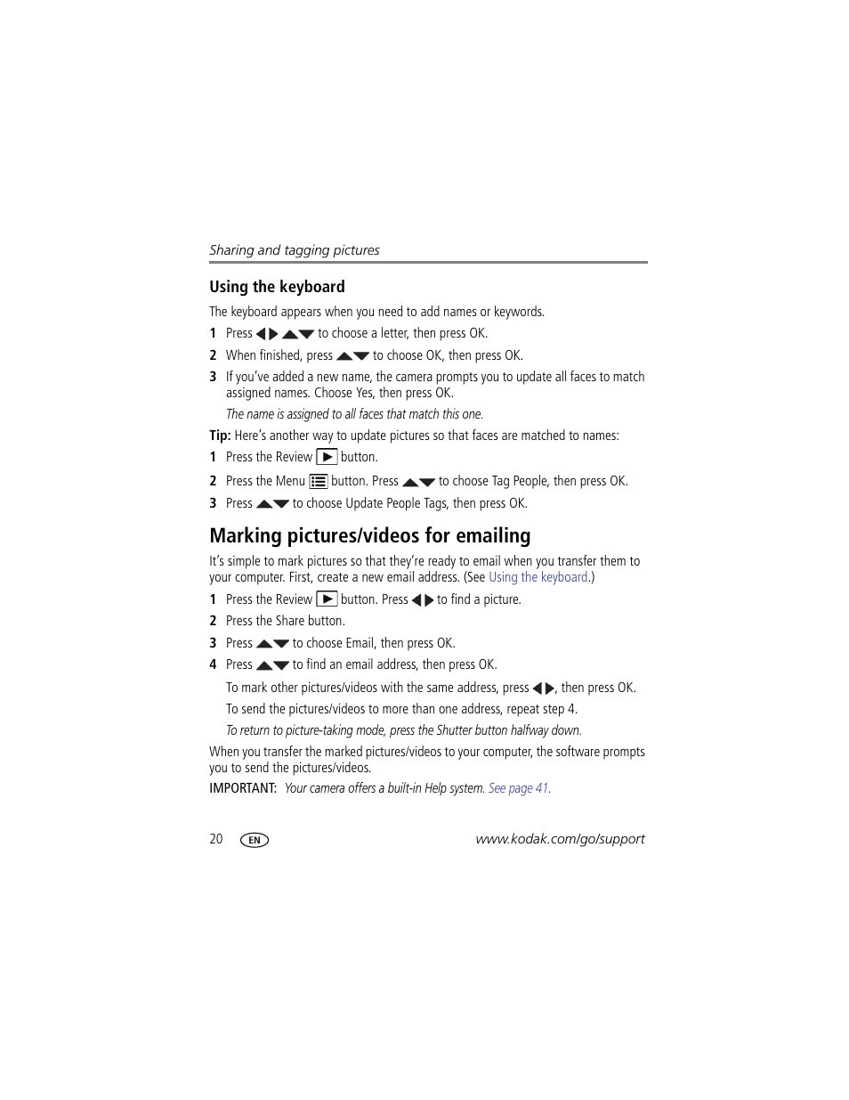 Using the keyboard, Marking pictures/videos for emailing, Using the | To add a n | Kodak M530 User Manual | Page 26 / 67
