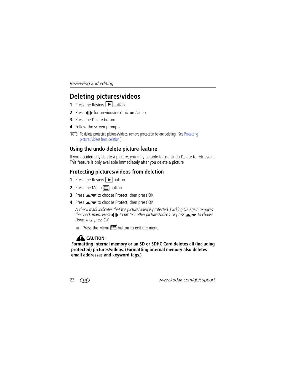 Deleting pictures/videos, Using the undo delete picture feature, Protecting pictures/videos from deletion | Kodak M530 User Manual | Page 28 / 67