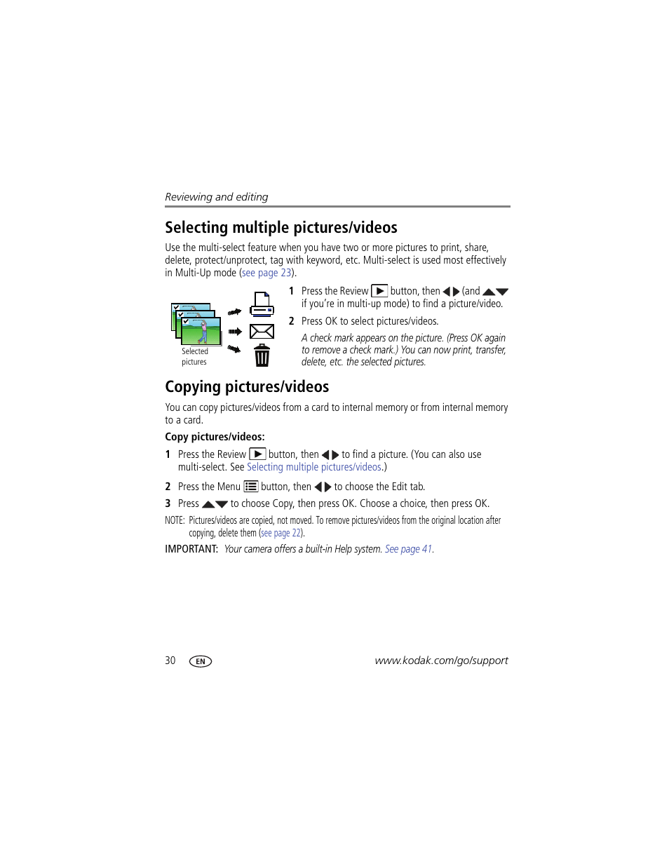 Selecting multiple pictures/videos, Copying pictures/videos | Kodak M530 User Manual | Page 36 / 67