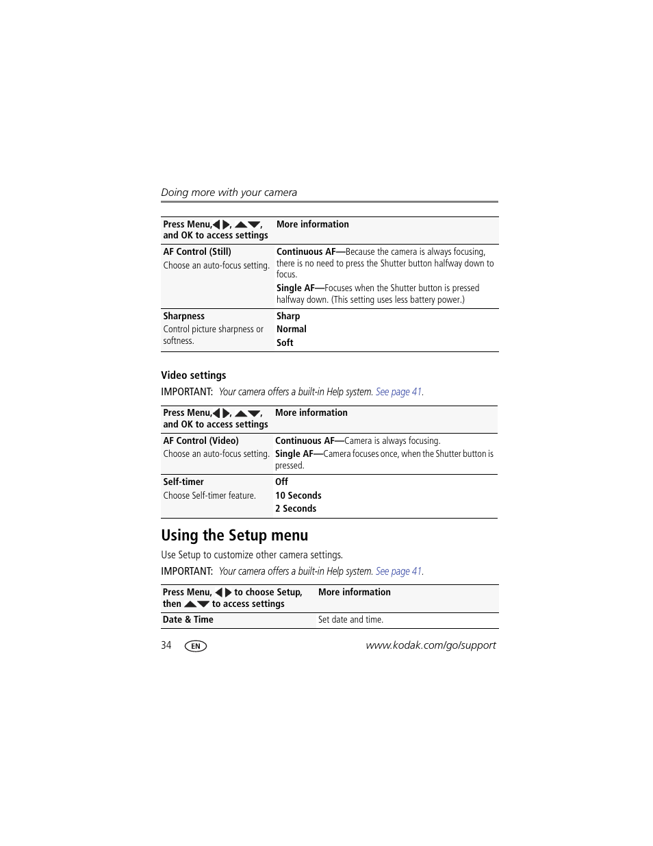 Using the setup menu | Kodak M530 User Manual | Page 40 / 67