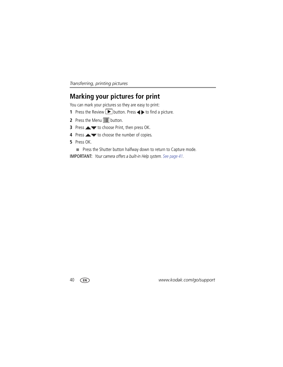 Marking your pictures for print | Kodak M530 User Manual | Page 46 / 67