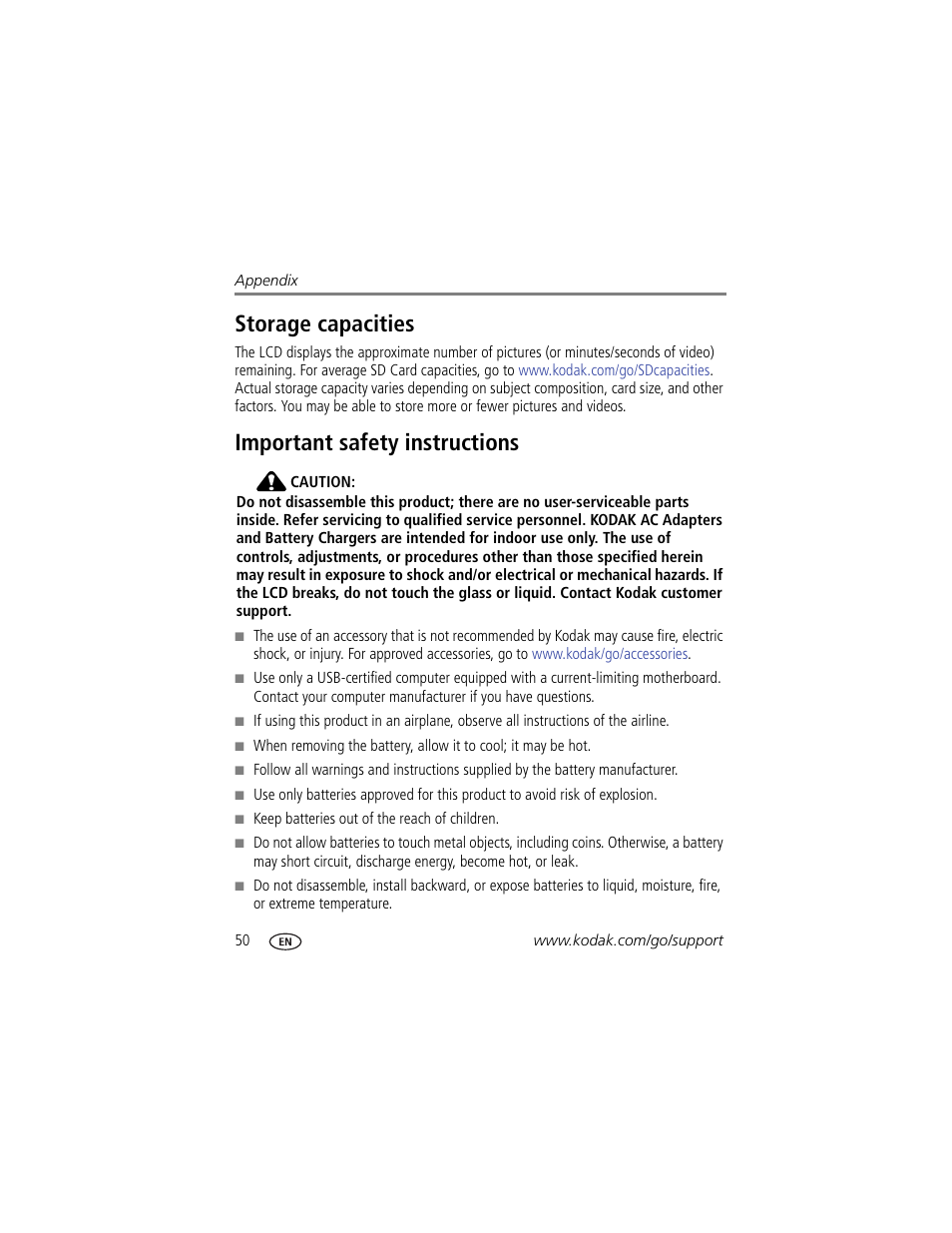 Storage capacities, Important safety instructions, Storage capacities important safety instructions | Kodak M530 User Manual | Page 56 / 67