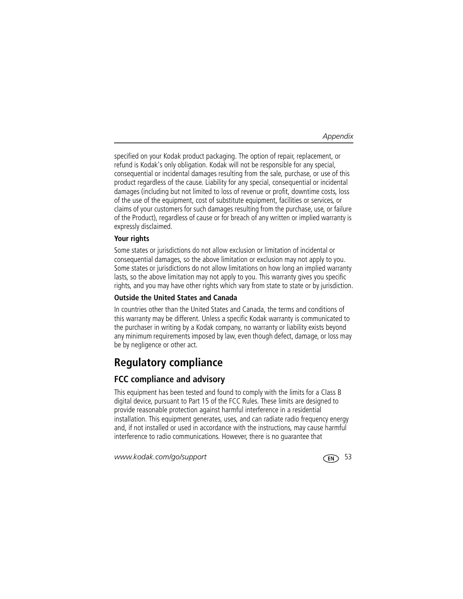 Regulatory compliance, Fcc compliance and advisory | Kodak M530 User Manual | Page 59 / 67