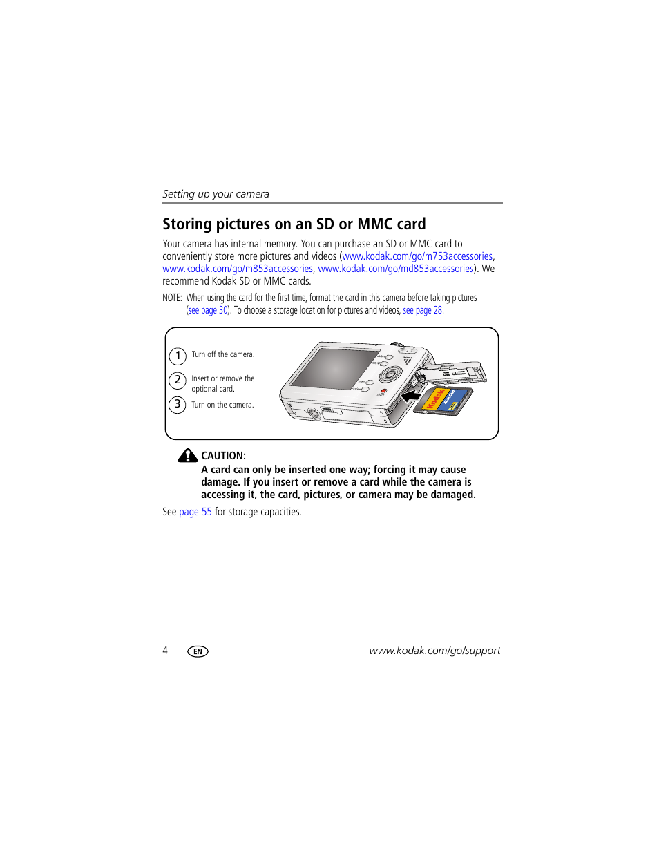 Storing pictures on an sd or mmc card | Kodak MD853 User Manual | Page 10 / 73