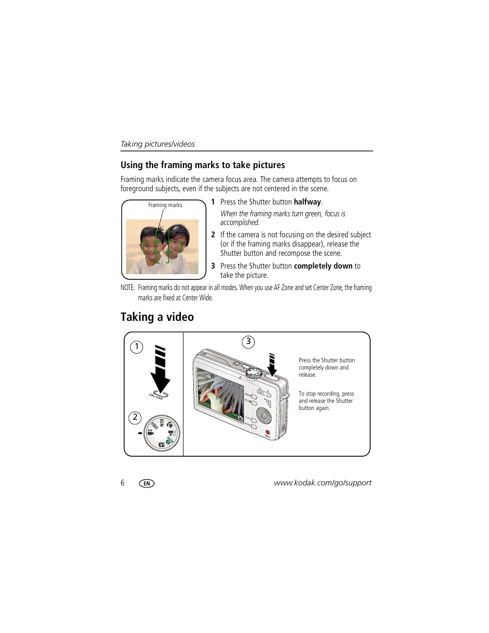 Using the framing marks to take pictures, Taking a video | Kodak MD853 User Manual | Page 12 / 73