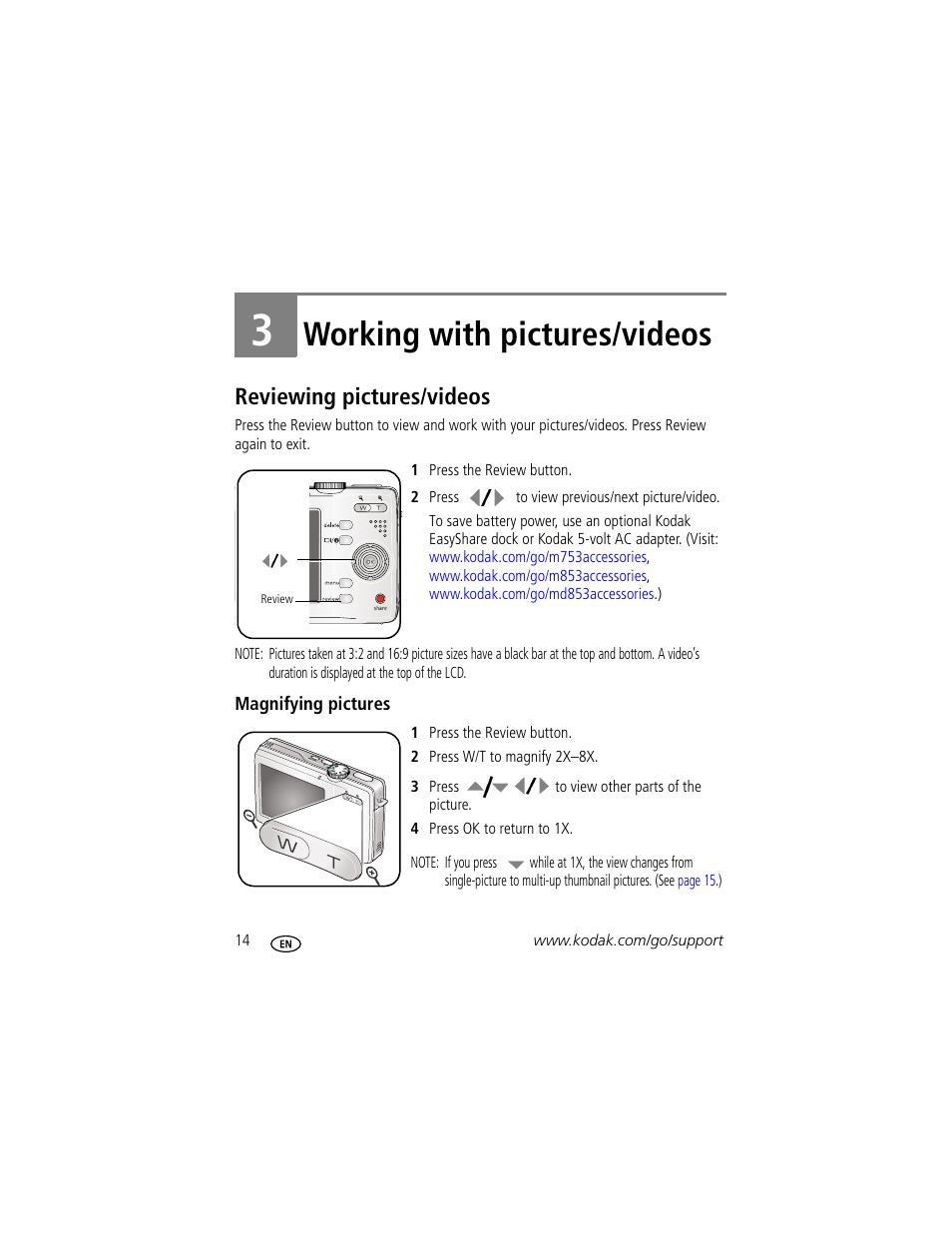Working with pictures/videos, Reviewing pictures/videos, Magnifying pictures | 3 working with pictures/videos | Kodak MD853 User Manual | Page 20 / 73