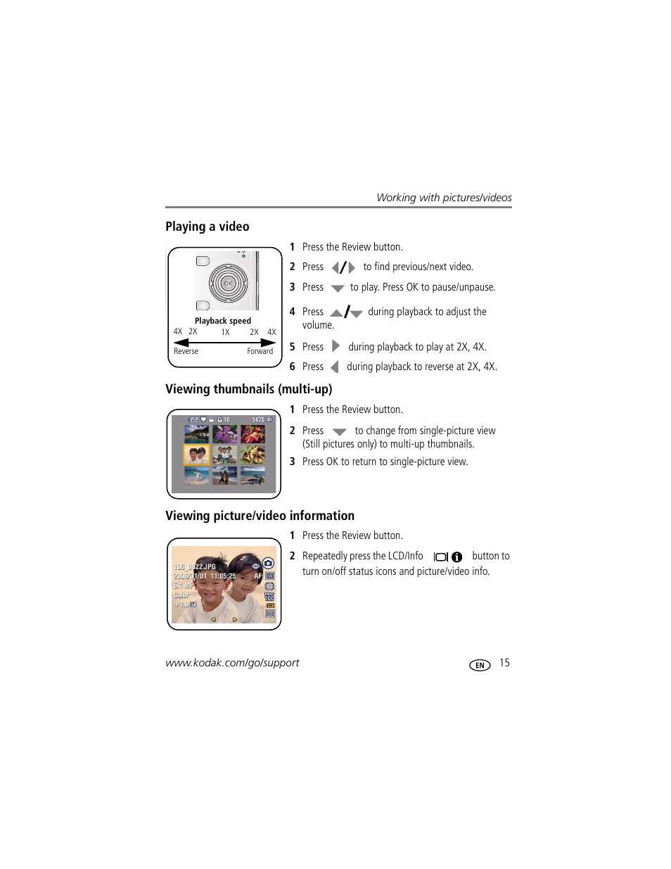 Playing a video, Viewing thumbnails (multi-up), Viewing picture/video information | Kodak MD853 User Manual | Page 21 / 73