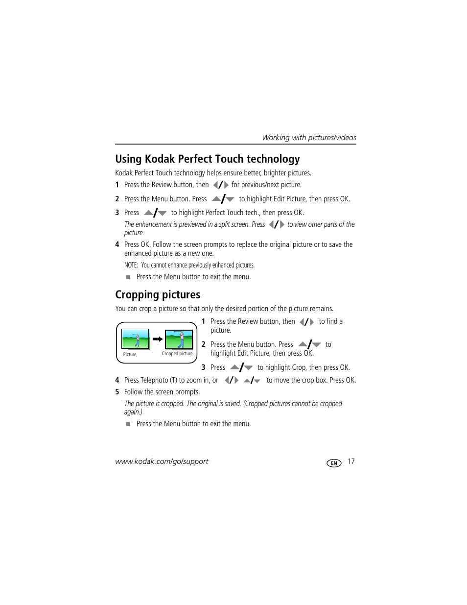 Using kodak perfect touch technology, Cropping pictures | Kodak MD853 User Manual | Page 23 / 73