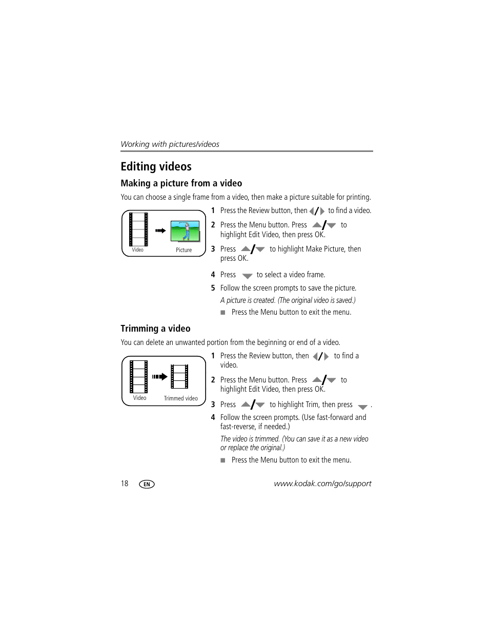 Editing videos, Making a picture from a video, Trimming a video | Kodak MD853 User Manual | Page 24 / 73