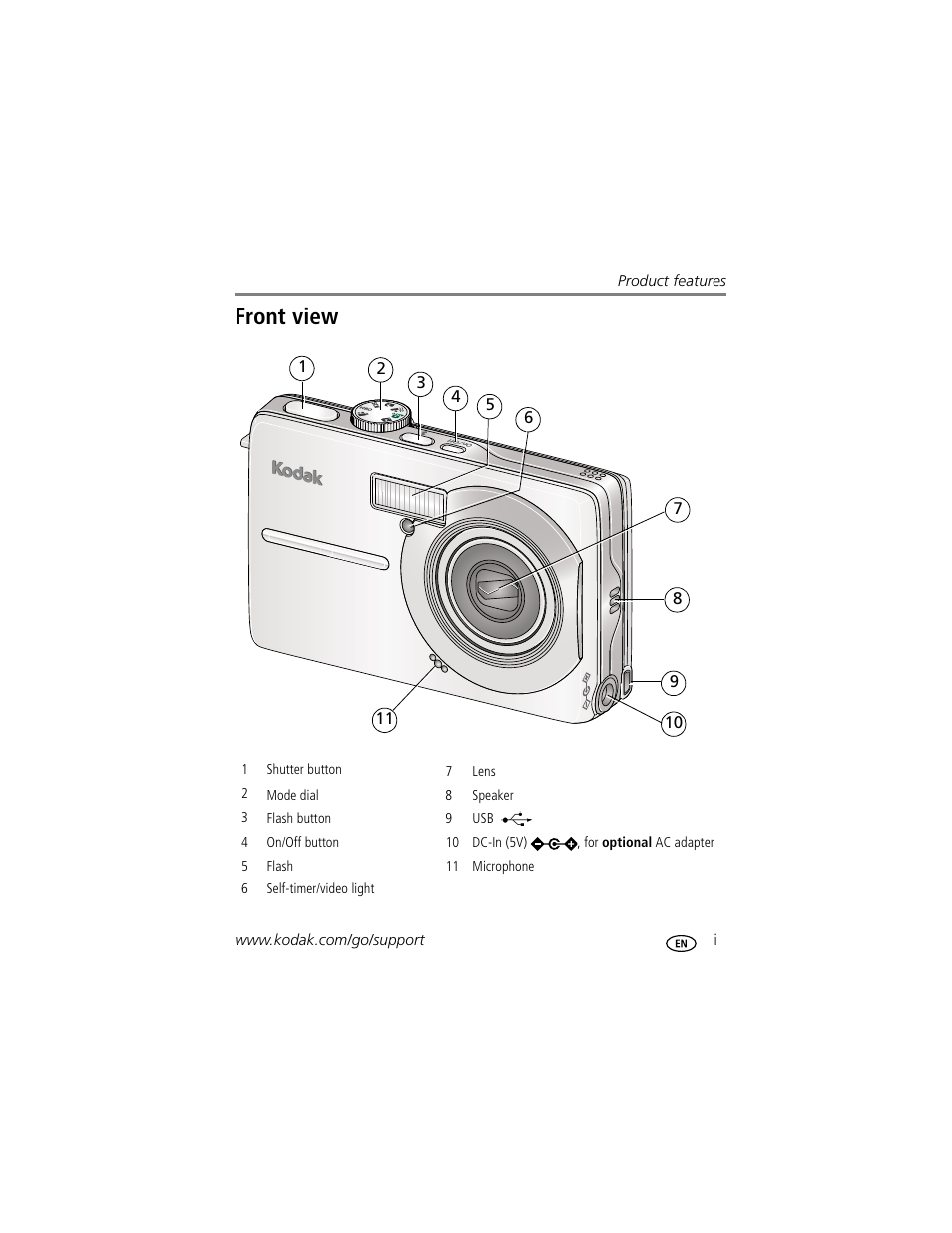 Product features, Front view | Kodak MD853 User Manual | Page 3 / 73