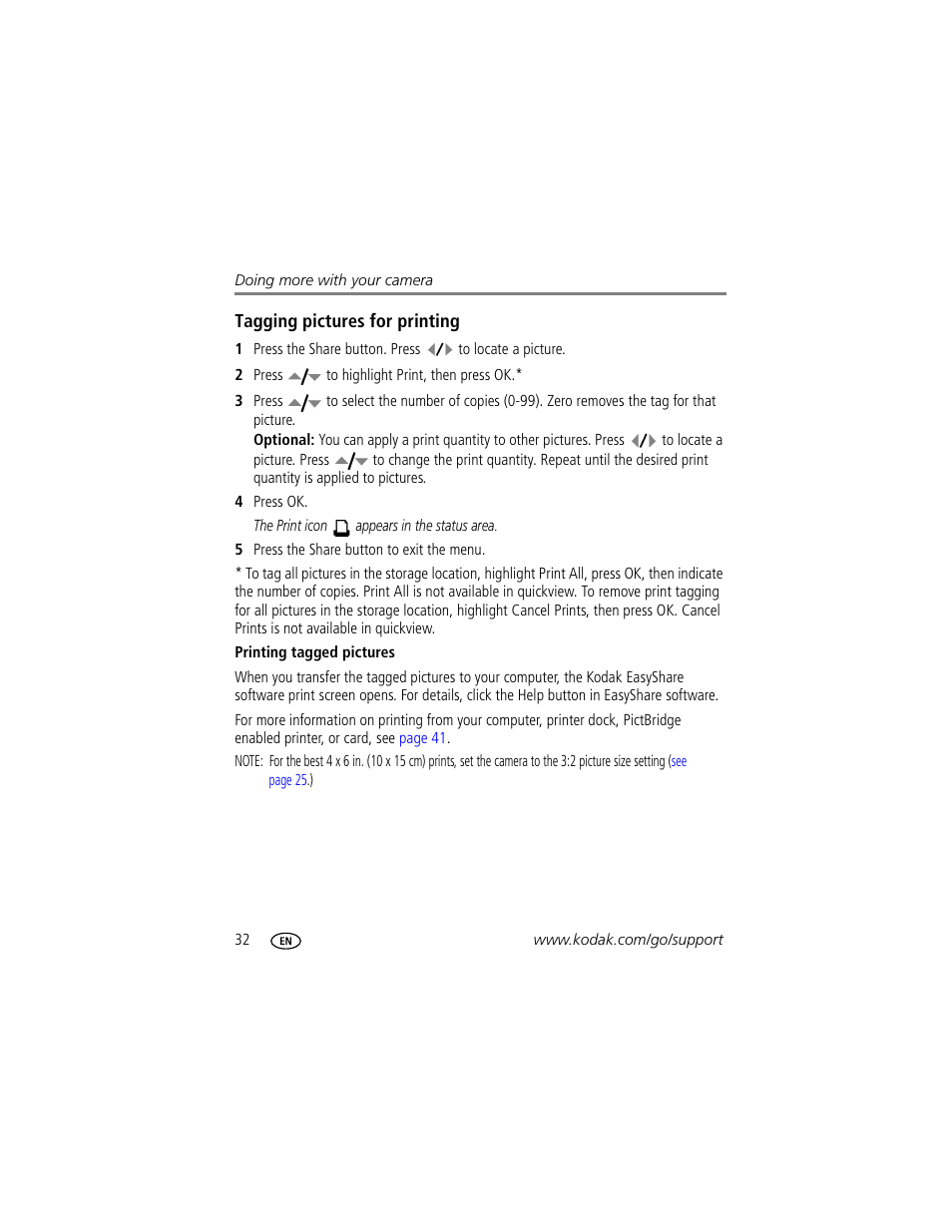 Tagging pictures for printing, Printing tagged pictures | Kodak MD853 User Manual | Page 38 / 73
