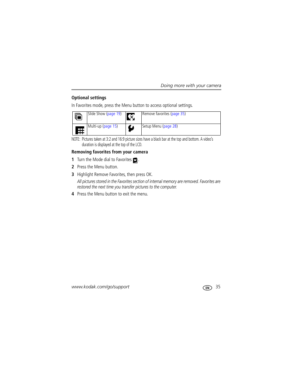 Optional settings, Removing favorites from your camera | Kodak MD853 User Manual | Page 41 / 73