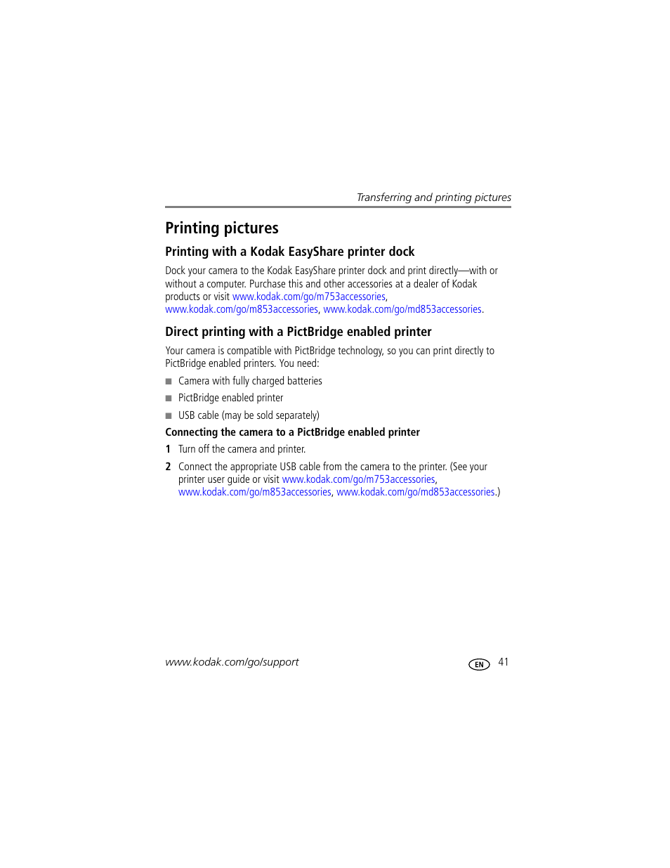Printing pictures, Printing with a kodak easyshare printer dock, Direct printing with a pictbridge enabled printer | Kodak MD853 User Manual | Page 47 / 73