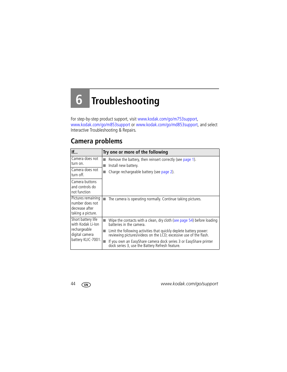 Troubleshooting, Camera problems, 6 troubleshooting | Kodak MD853 User Manual | Page 50 / 73