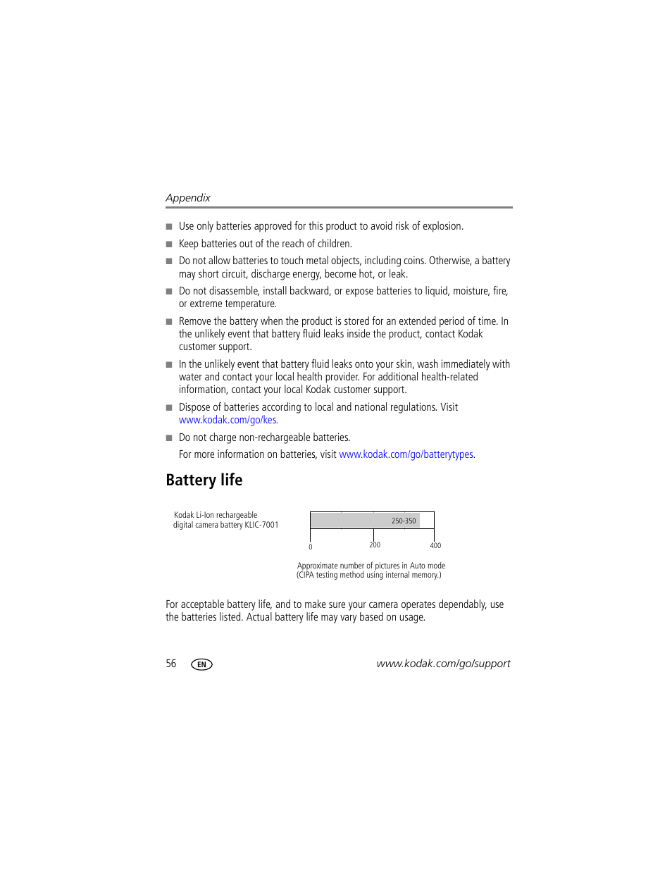 Battery life | Kodak MD853 User Manual | Page 62 / 73