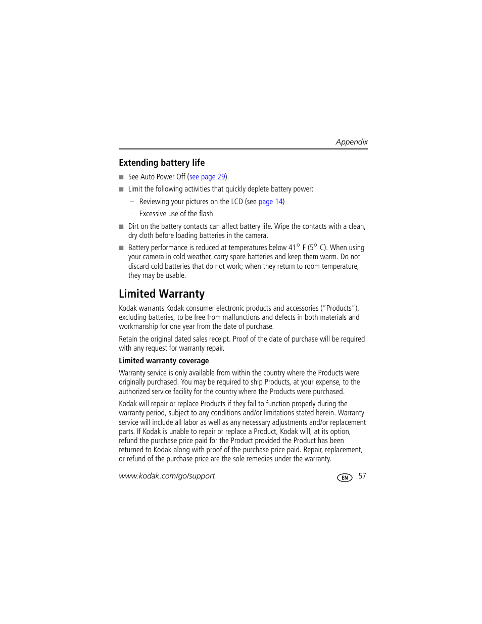 Extending battery life, Limited warranty | Kodak MD853 User Manual | Page 63 / 73
