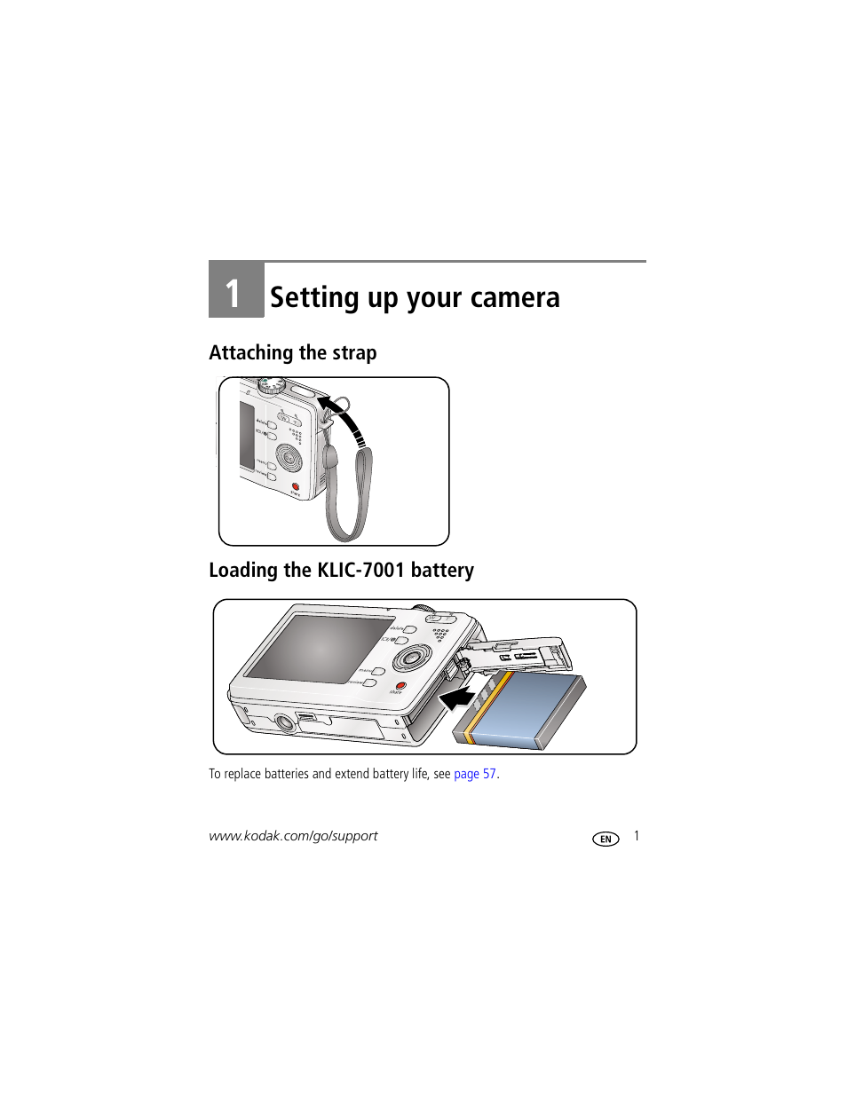 Setting up your camera, Attaching the strap, Loading the klic-7001 battery | 1 setting up your camera, Attaching the strap loading the klic-7001 battery | Kodak MD853 User Manual | Page 7 / 73