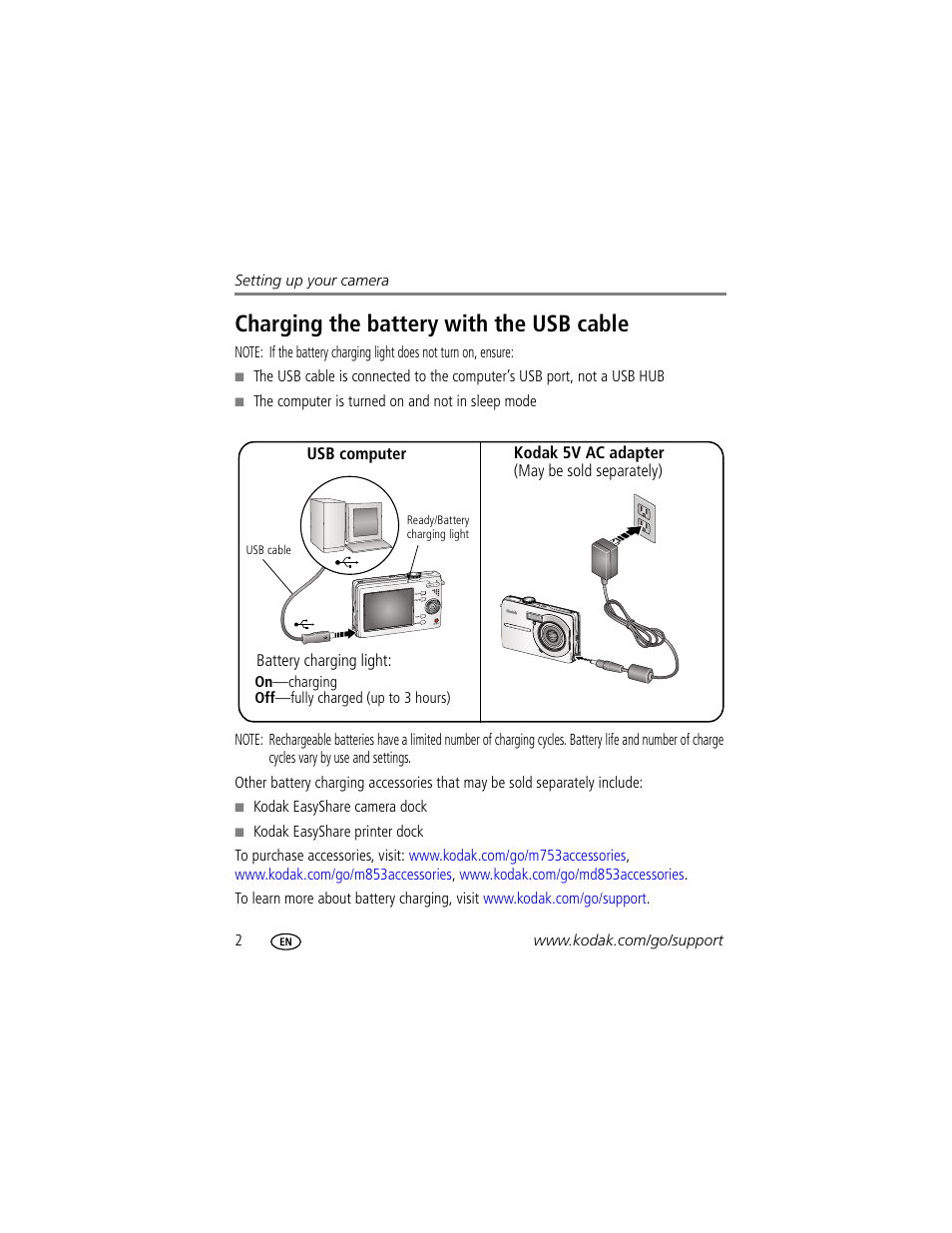 Charging the battery with the usb cable | Kodak MD853 User Manual | Page 8 / 73