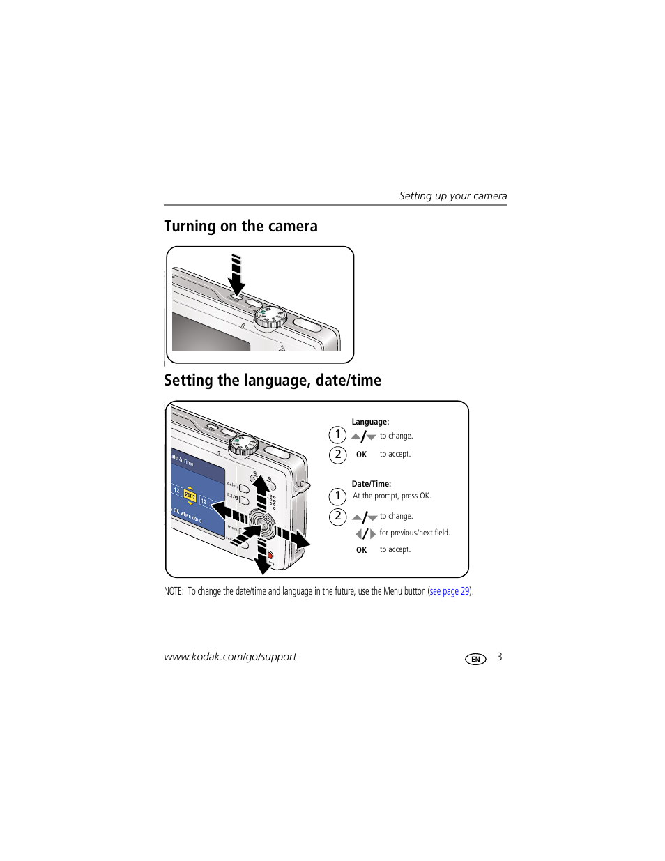 Turning on the camera, Setting the language, date/time | Kodak MD853 User Manual | Page 9 / 73