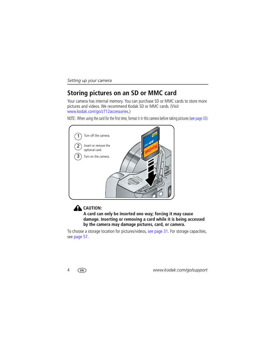Storing pictures on an sd or mmc card | Kodak Z712 IS User Manual | Page 10 / 75