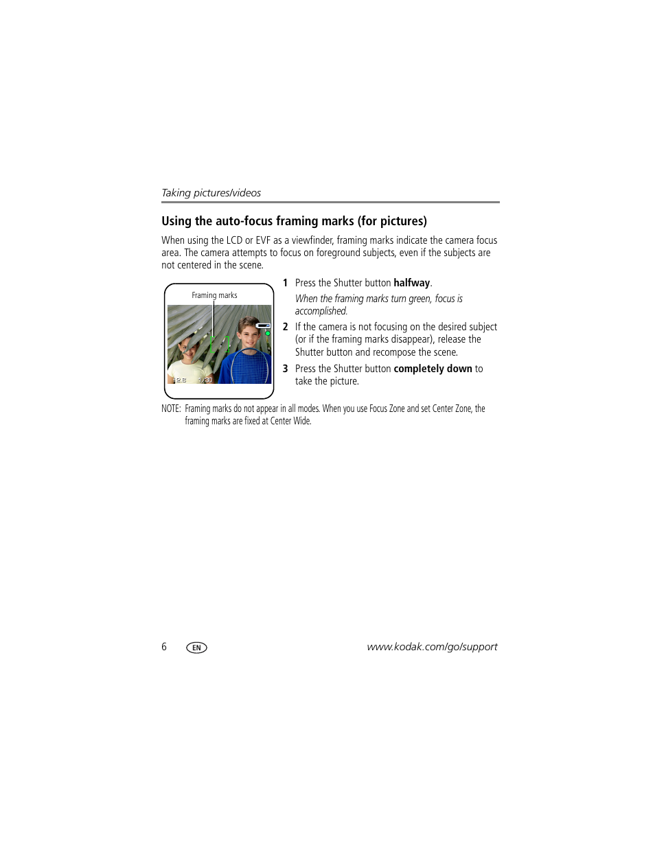 Using the auto-focus framing marks (for pictures) | Kodak Z712 IS User Manual | Page 12 / 75