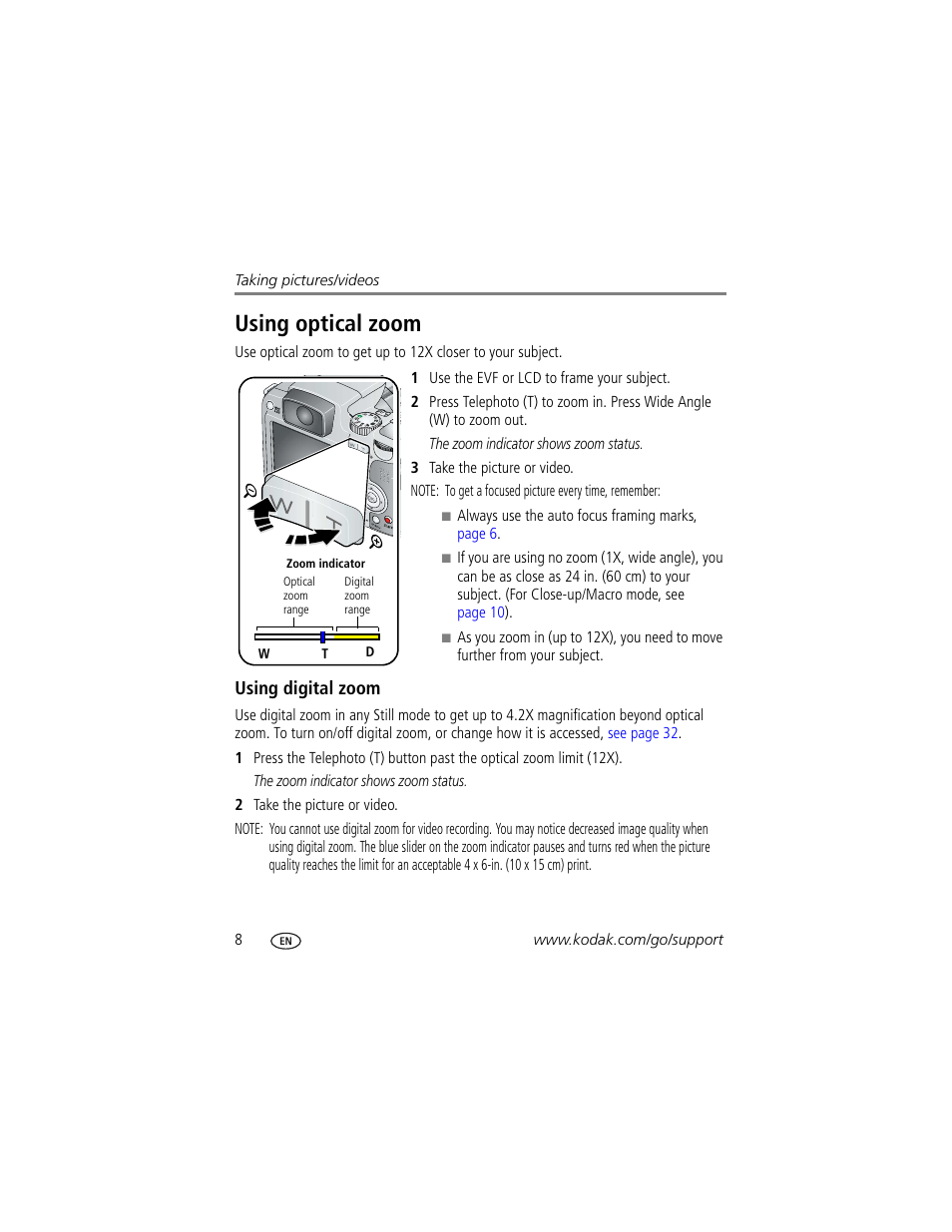 Using optical zoom, Using digital zoom | Kodak Z712 IS User Manual | Page 14 / 75