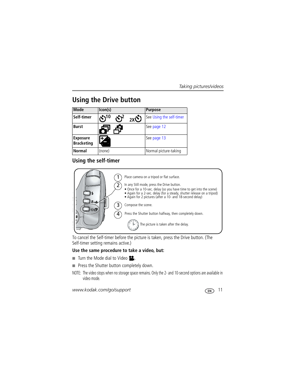 Using the drive button, Using the self-timer | Kodak Z712 IS User Manual | Page 17 / 75