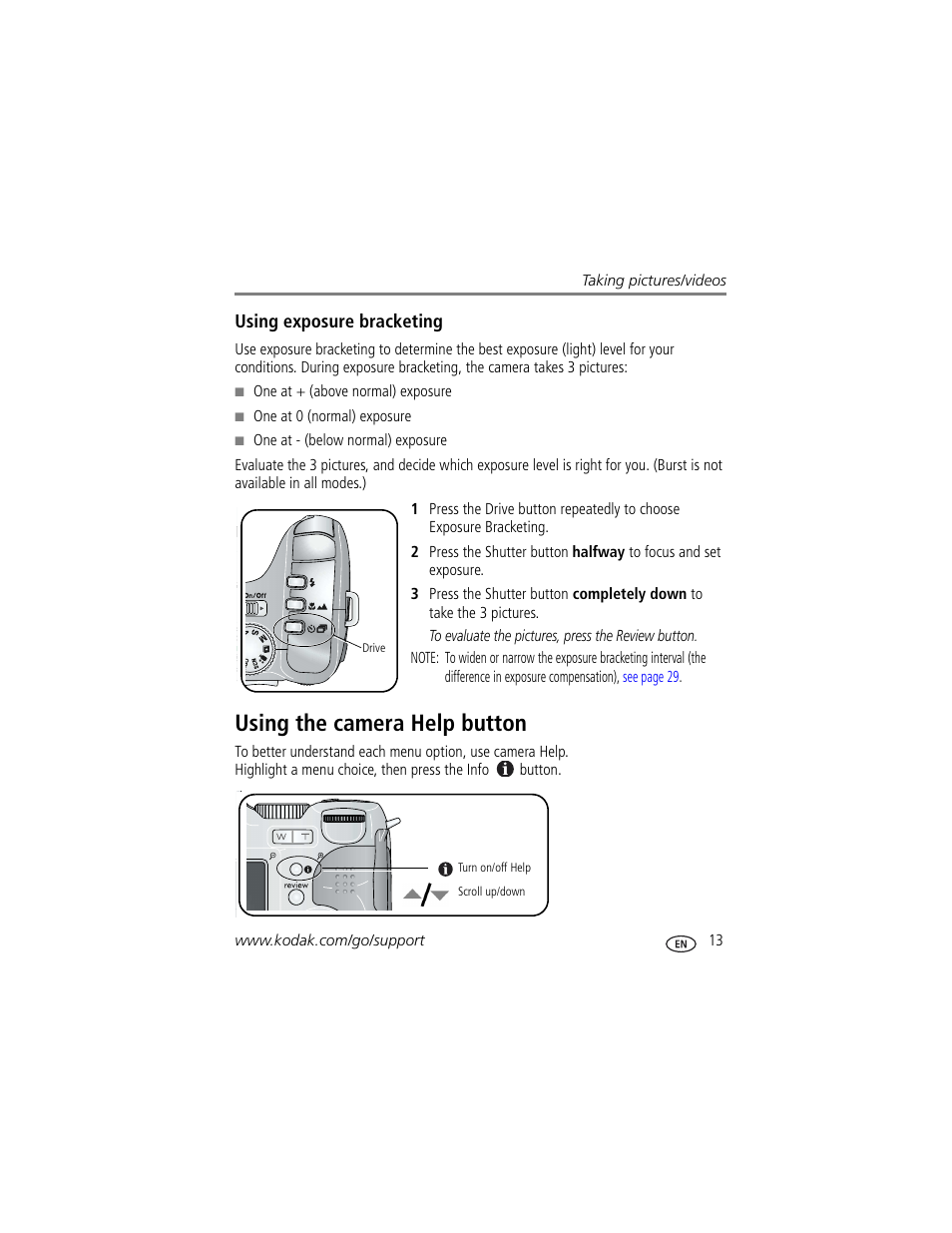 Using exposure bracketing, Using the camera help button | Kodak Z712 IS User Manual | Page 19 / 75