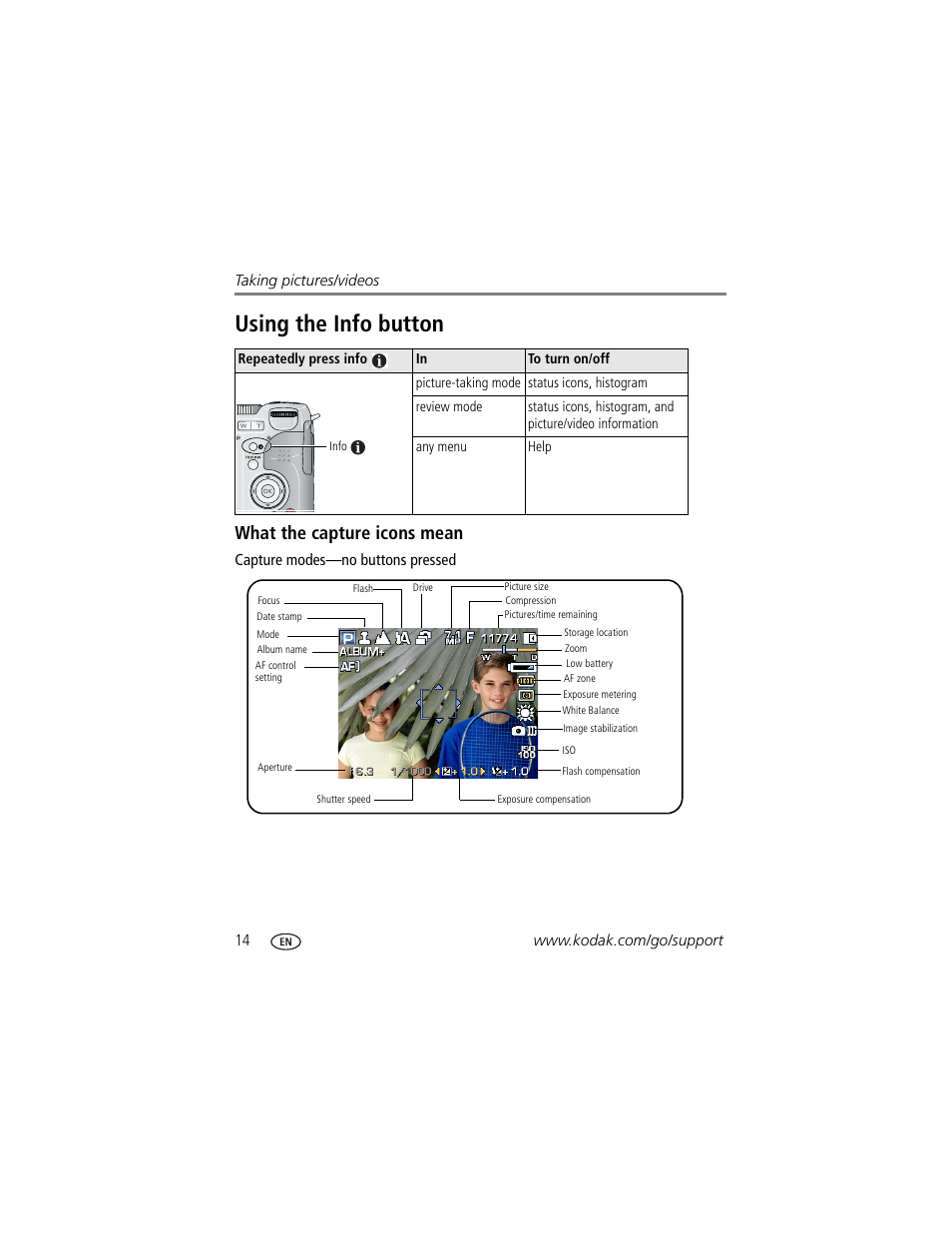 Using the info button, What the capture icons mean | Kodak Z712 IS User Manual | Page 20 / 75