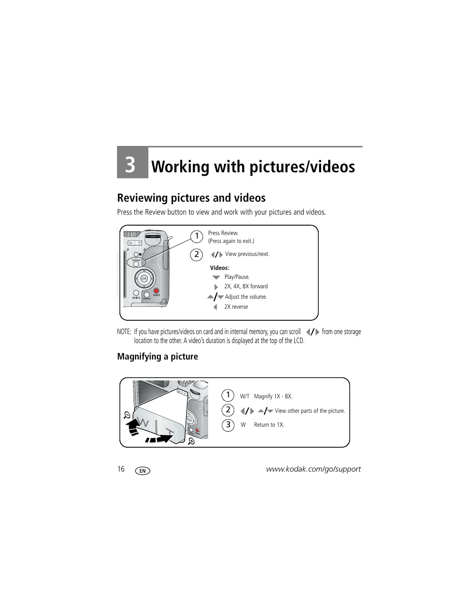 Working with pictures/videos, Reviewing pictures and videos, Magnifying a picture | 3 working with pictures/videos | Kodak Z712 IS User Manual | Page 22 / 75